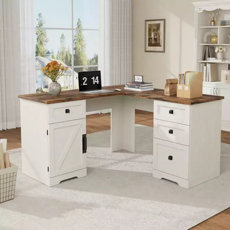 L-Shaped Executive Desk (60)  Farmhouse Office Corner Desk with File Drawers & Adjustable Storage Cabinet, Ideal for Home Office or Study