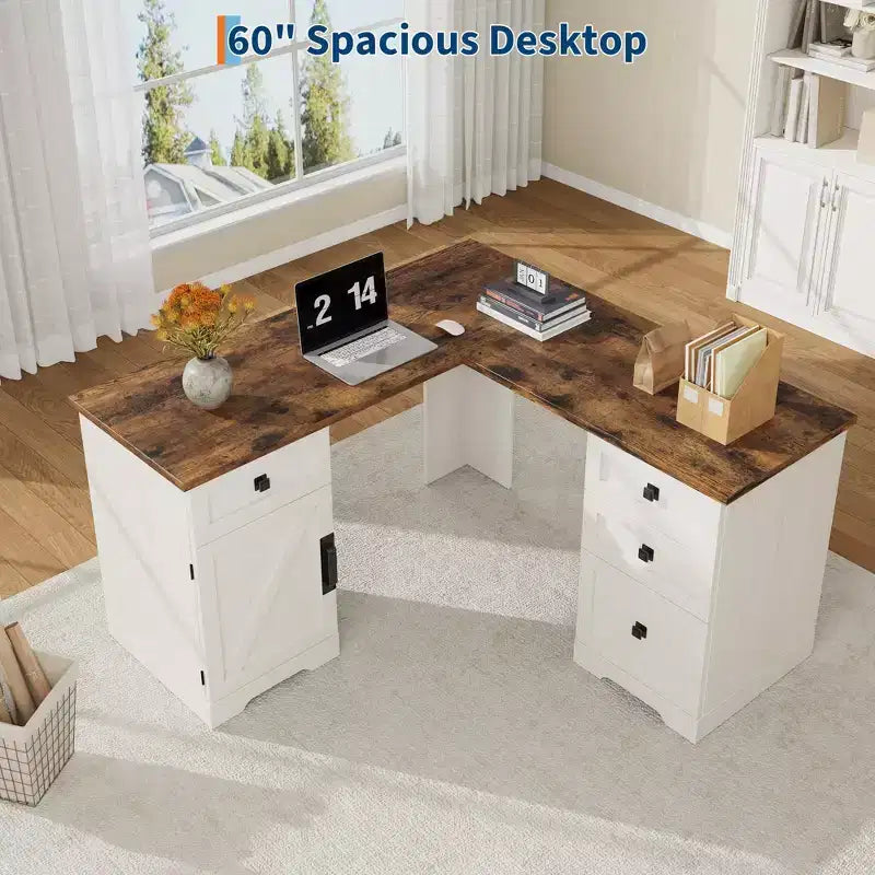 L-Shaped Executive Desk (60)  Farmhouse Office Corner Desk with File Drawers & Adjustable Storage Cabinet, Ideal for Home Office or Study