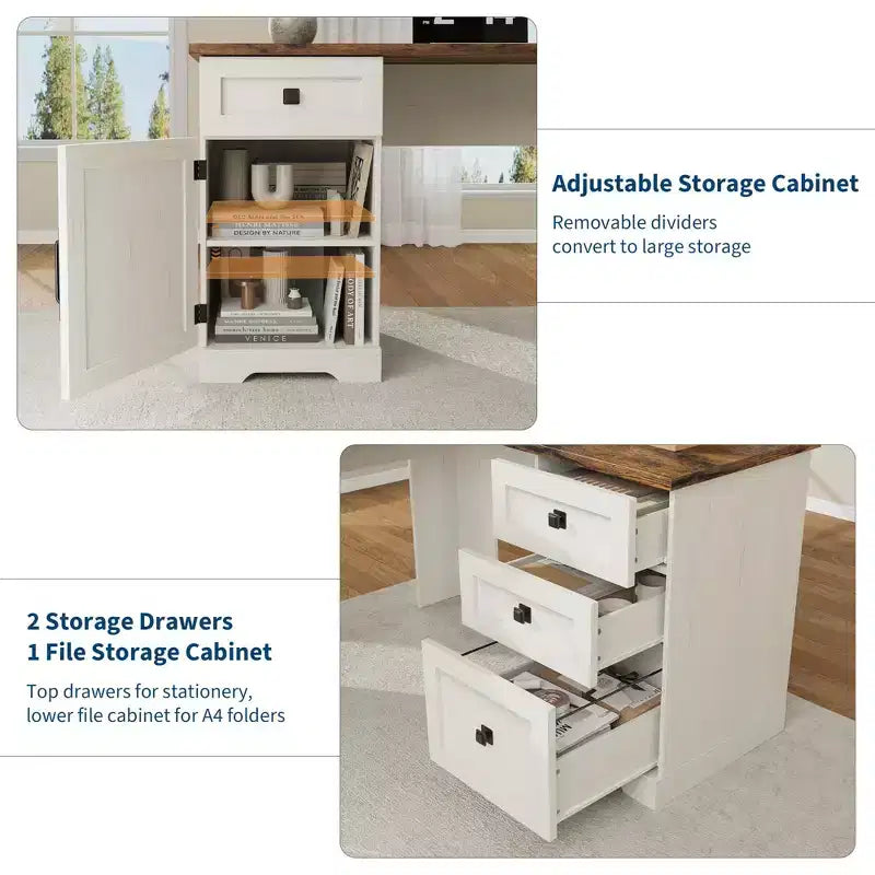 L-Shaped Executive Desk (60)  Farmhouse Office Corner Desk with File Drawers & Adjustable Storage Cabinet, Ideal for Home Office or Study