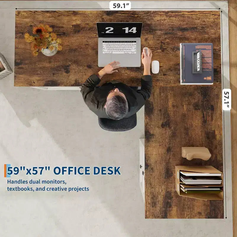 L-Shaped Executive Desk (60)  Farmhouse Office Corner Desk with File Drawers & Adjustable Storage Cabinet, Ideal for Home Office or Study
