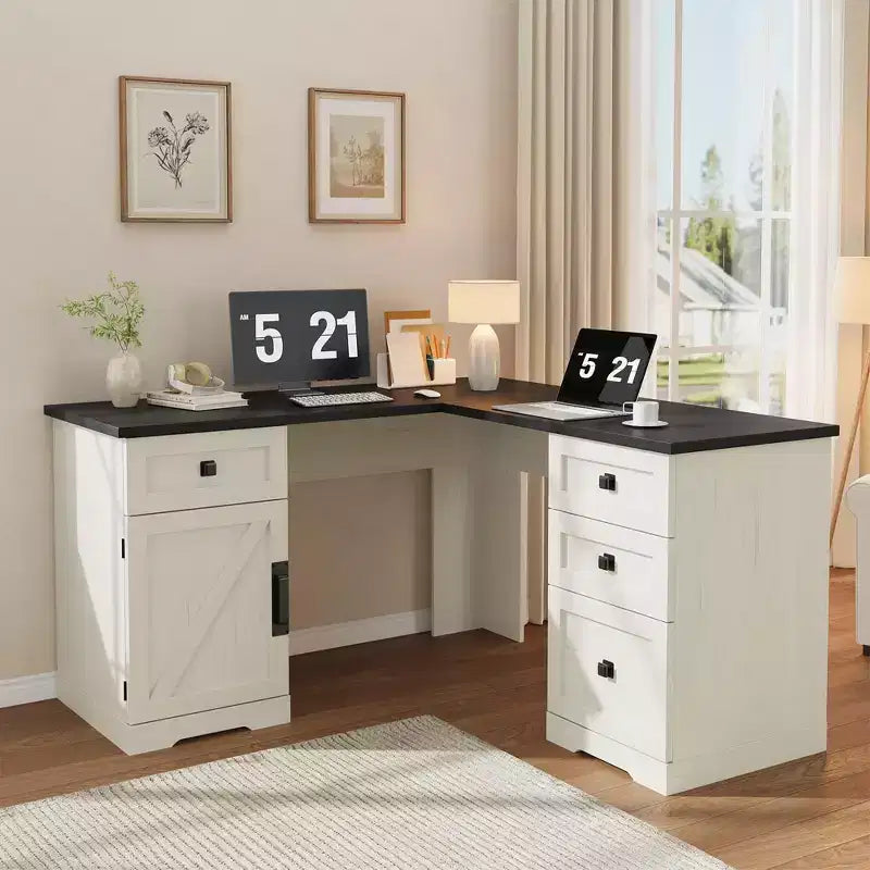 L-Shaped Executive Desk (60)  Farmhouse Office Corner Desk with File Drawers & Adjustable Storage Cabinet, Ideal for Home Office or Study