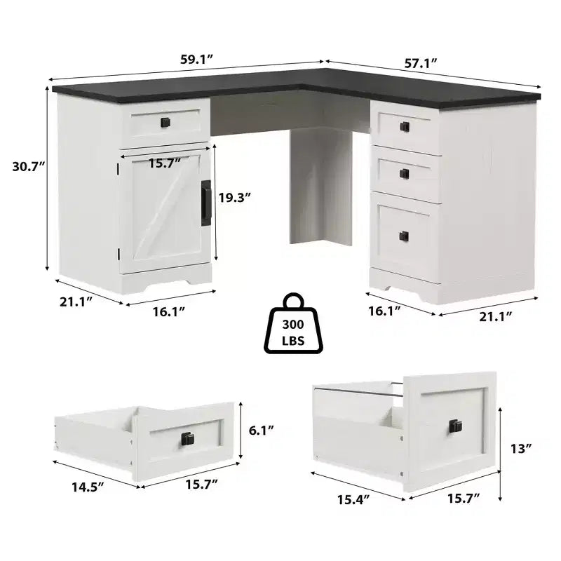 L-Shaped Executive Desk (60)  Farmhouse Office Corner Desk with File Drawers & Adjustable Storage Cabinet, Ideal for Home Office or Study