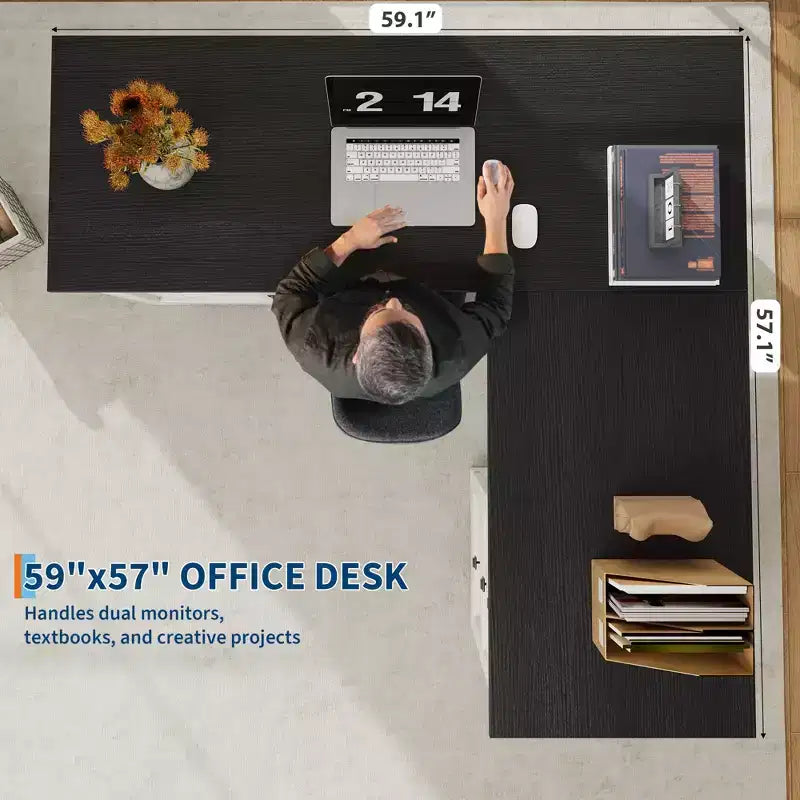 L-Shaped Executive Desk (60)  Farmhouse Office Corner Desk with File Drawers & Adjustable Storage Cabinet, Ideal for Home Office or Study