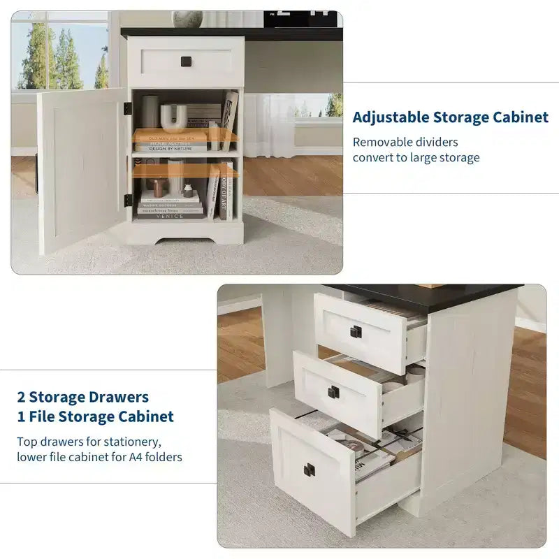 L-Shaped Executive Desk (60)  Farmhouse Office Corner Desk with File Drawers & Adjustable Storage Cabinet, Ideal for Home Office or Study