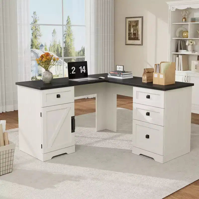 L-Shaped Executive Desk (60)  Farmhouse Office Corner Desk with File Drawers & Adjustable Storage Cabinet, Ideal for Home Office or Study