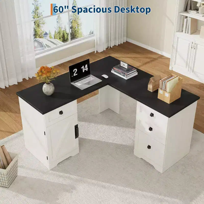 L-Shaped Executive Desk (60)  Farmhouse Office Corner Desk with File Drawers & Adjustable Storage Cabinet, Ideal for Home Office or Study