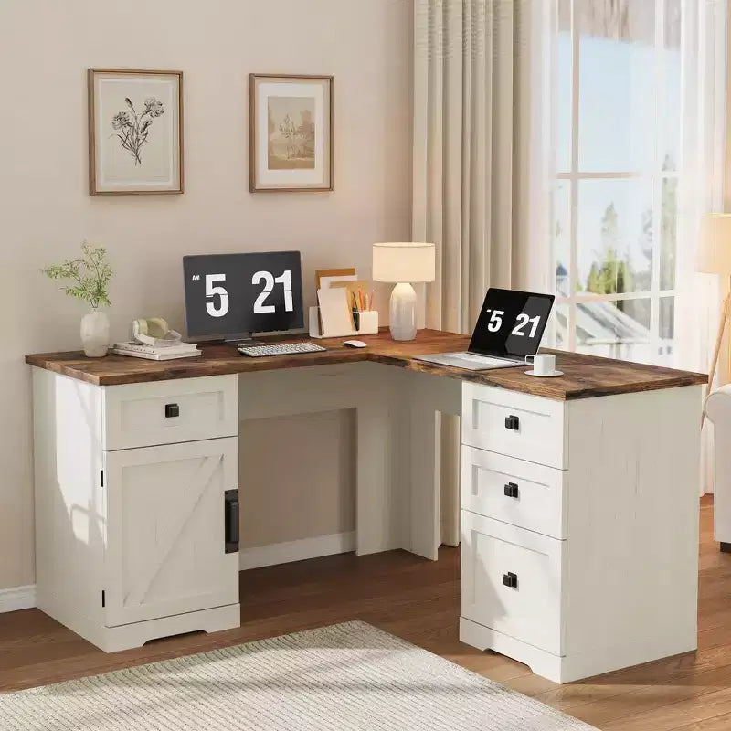L-Shaped Executive Desk (60)  Farmhouse Office Corner Desk with File Drawers & Adjustable Storage Cabinet, Ideal for Home Office or Study