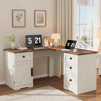 L-Shaped Executive Desk (60)  Farmhouse Office Corner Desk with File Drawers & Adjustable Storage Cabinet, Ideal for Home Office or Study