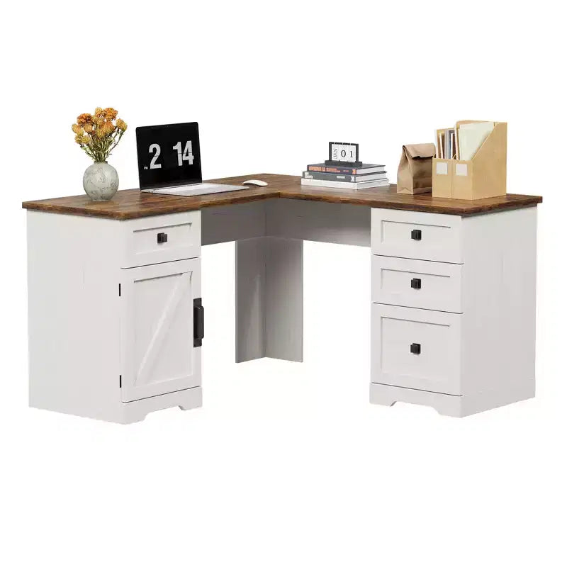 L-Shaped Executive Desk (60)  Farmhouse Office Corner Desk with File Drawers & Adjustable Storage Cabinet, Ideal for Home Office or Study