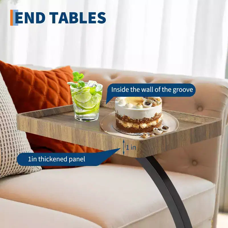 End Table with Rolling Wheels, Small Bed Stand, Wooden 360 Rotating TV Tray, for Living Room, Bedroom