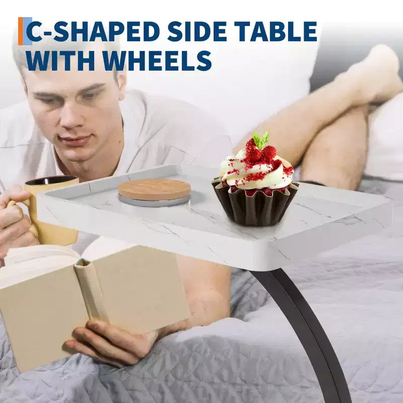 End Table with Rolling Wheels, Small Bed Stand, Wooden 360 Rotating TV Tray, for Living Room, Bedroom
