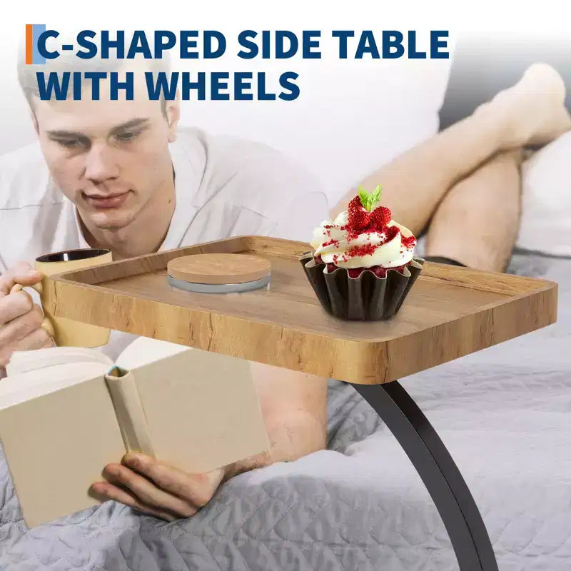 End Table with Rolling Wheels, Small Bed Stand, Wooden 360 Rotating TV Tray, for Living Room, Bedroom