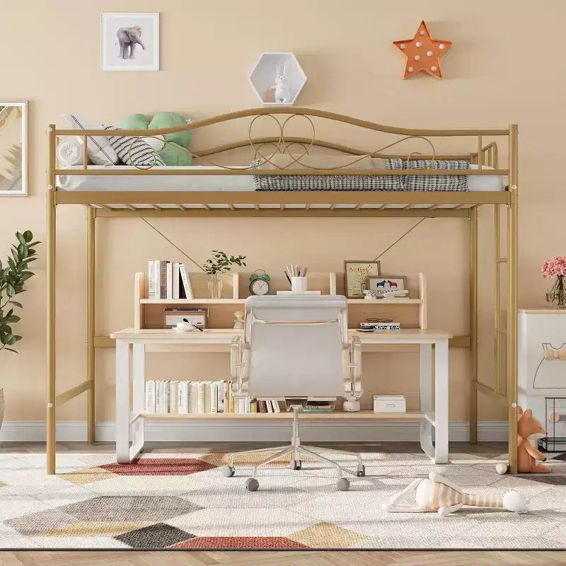 Loft Bed Twin Size with Ladder & Full Safety Guardrail, Heavy Duty Metal Twin Loft Bed 400 Lbs Load Capacity, Space-Saving