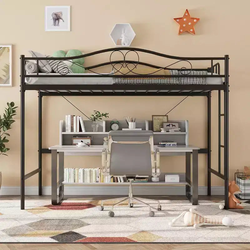 Loft Bed Twin Size with Ladder & Full Safety Guardrail, Heavy Duty Metal Twin Loft Bed 400 Lbs Load Capacity, Space-Saving