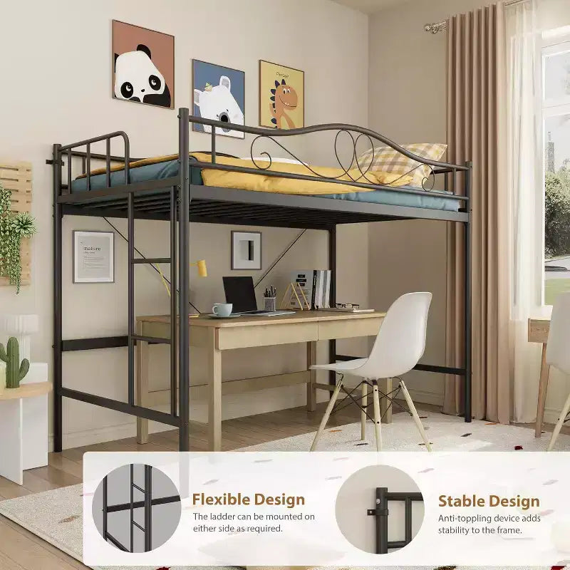 Loft Bed Twin Size with Ladder & Full Safety Guardrail, Heavy Duty Metal Twin Loft Bed 400 Lbs Load Capacity, Space-Saving