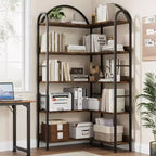 Industrial Corner Bookcase, 5-Tier L-Shaped Shelf, Arched Corner Bookcase with Metal Frame, Large Bookcase for Living Room and Bedroom