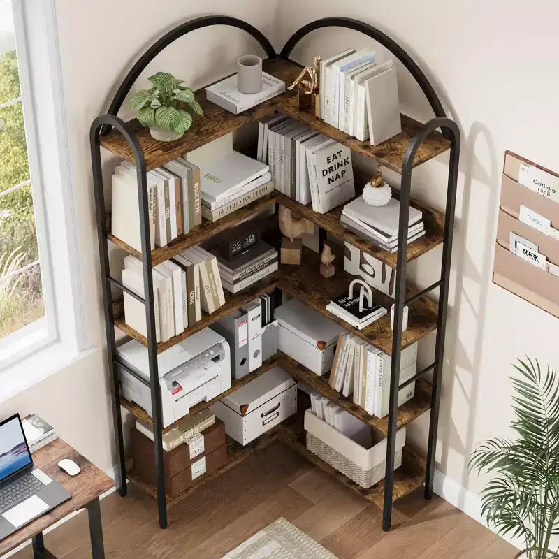 Industrial Corner Bookcase, 5-Tier L-Shaped Shelf, Arched Corner Bookcase with Metal Frame, Large Bookcase for Living Room and Bedroom