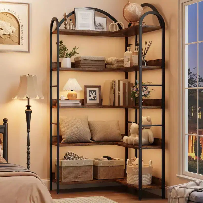 Industrial Corner Bookcase, 5-Tier L-Shaped Shelf, Arched Corner Bookcase with Metal Frame, Large Bookcase for Living Room and Bedroom
