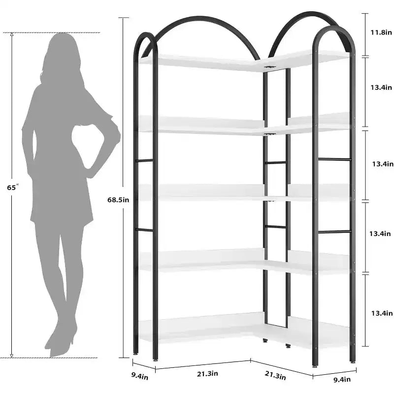 Industrial Corner Bookcase, 5-Tier L-Shaped Shelf, Arched Corner Bookcase with Metal Frame, Large Bookcase for Living Room and Bedroom