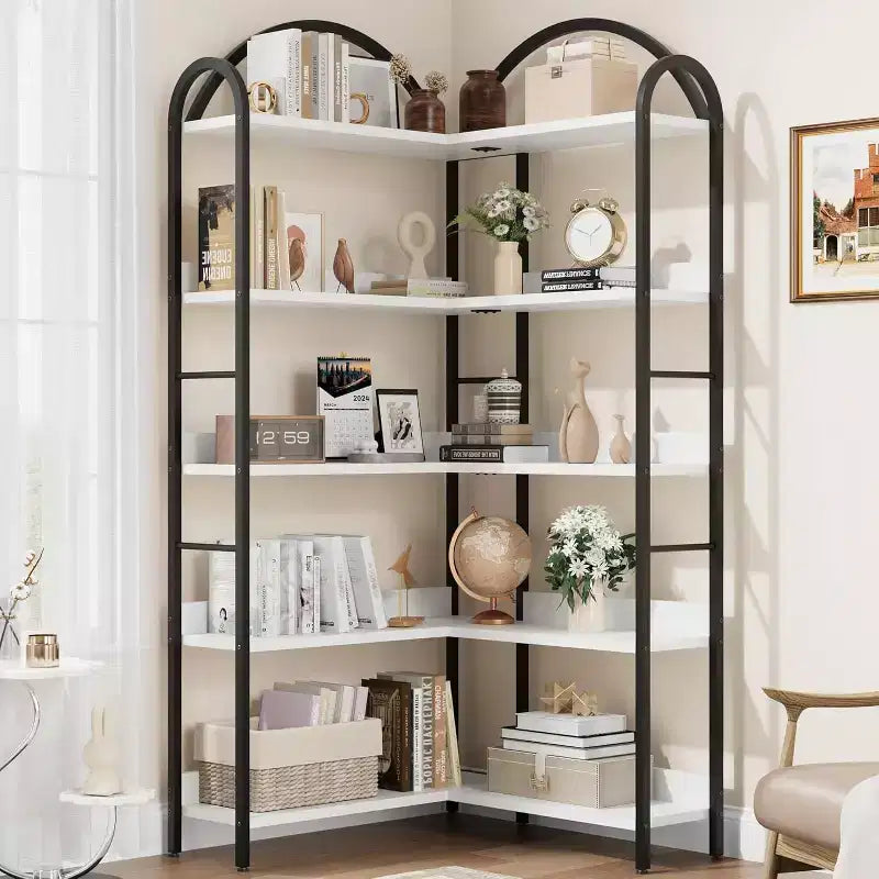 Industrial Corner Bookcase, 5-Tier L-Shaped Shelf, Arched Corner Bookcase with Metal Frame, Large Bookcase for Living Room and Bedroom