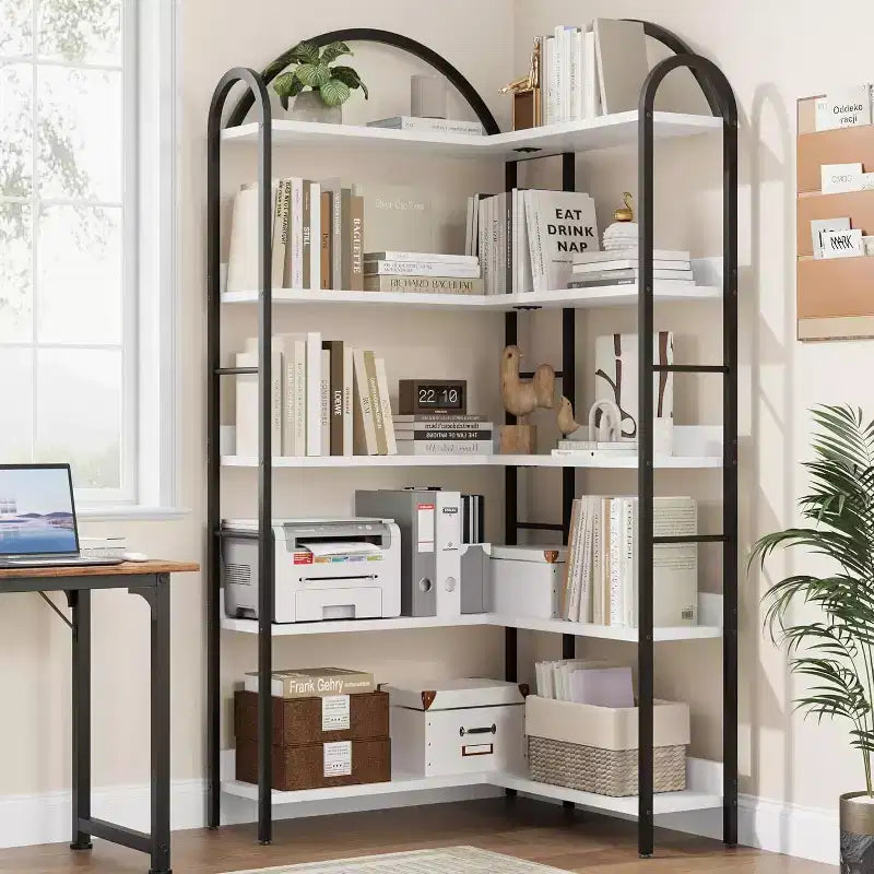Industrial Corner Bookcase, 5-Tier L-Shaped Shelf, Arched Corner Bookcase with Metal Frame, Large Bookcase for Living Room and Bedroom