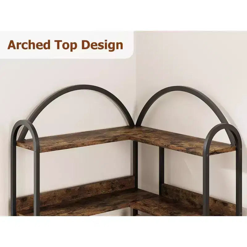 Industrial Corner Bookcase, 5-Tier L-Shaped Shelf, Arched Corner Bookcase with Metal Frame, Large Bookcase for Living Room and Bedroom