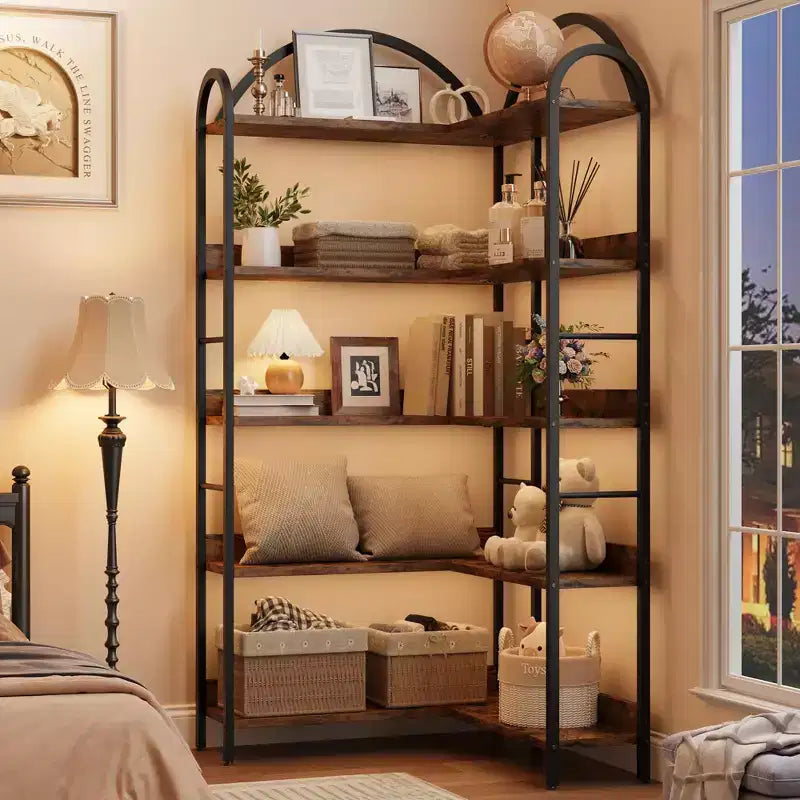 Industrial Corner Bookcase, 5-Tier L-Shaped Shelf, Arched Corner Bookcase with Metal Frame, Large Bookcase for Living Room and Bedroom