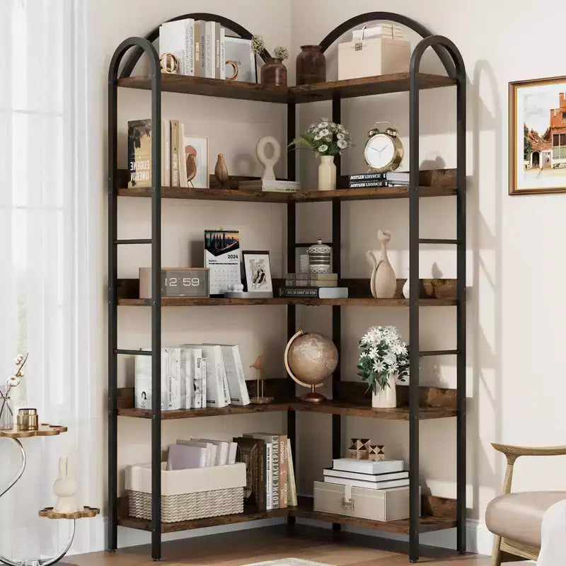 Industrial Corner Bookcase, 5-Tier L-Shaped Shelf, Arched Corner Bookcase with Metal Frame, Large Bookcase for Living Room and Bedroom