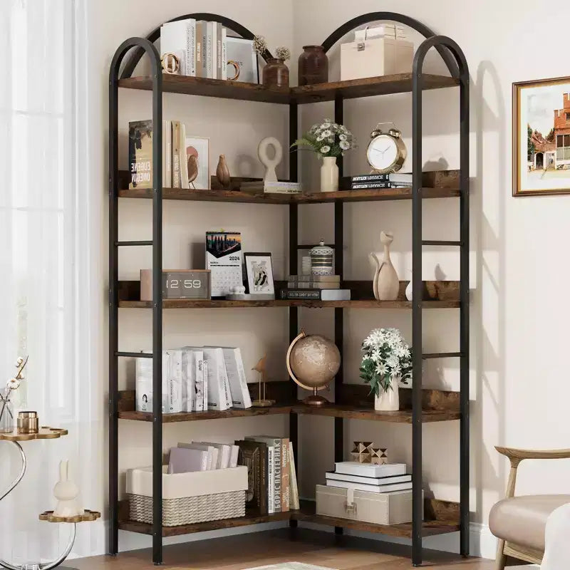 Industrial Corner Bookcase, 5-Tier L-Shaped Shelf, Arched Corner Bookcase with Metal Frame, Large Bookcase for Living Room and Bedroom