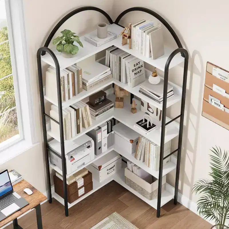 Industrial Corner Bookcase, 5-Tier L-Shaped Shelf, Arched Corner Bookcase with Metal Frame, Large Bookcase for Living Room and Bedroom