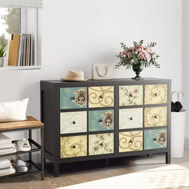 6 Drawers Dresser for Bedroom, Wood Rustic Chest of Drawers with Metal Handle, Retro Floral Pattern Drawer, Farmhouse Dresser for Bedroom
