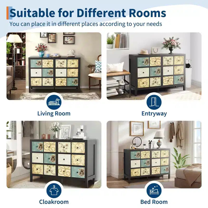 6 Drawers Dresser for Bedroom, Wood Rustic Chest of Drawers with Metal Handle, Retro Floral Pattern Drawer, Farmhouse Dresser for Bedroom