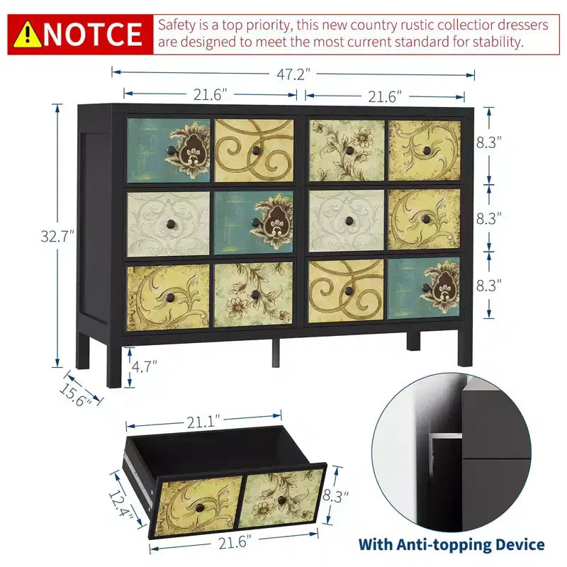 6 Drawers Dresser for Bedroom, Wood Rustic Chest of Drawers with Metal Handle, Retro Floral Pattern Drawer, Farmhouse Dresser for Bedroom