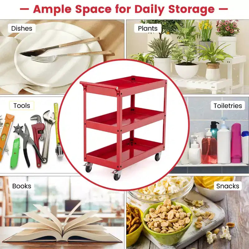 3-Tier Utility Cart Metal Storage Service Trolley 330lbs Capacity