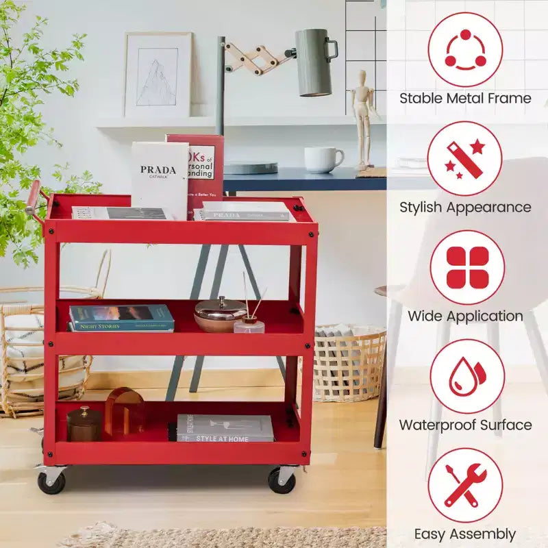 3-Tier Utility Cart Metal Storage Service Trolley 330lbs Capacity