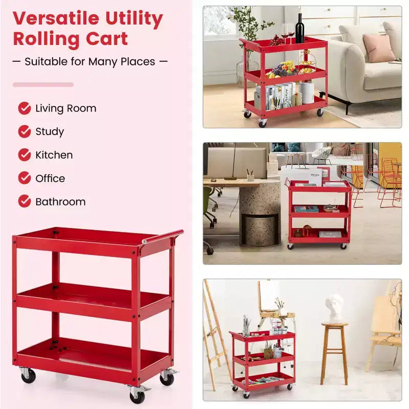 3-Tier Utility Cart Metal Storage Service Trolley 330lbs Capacity