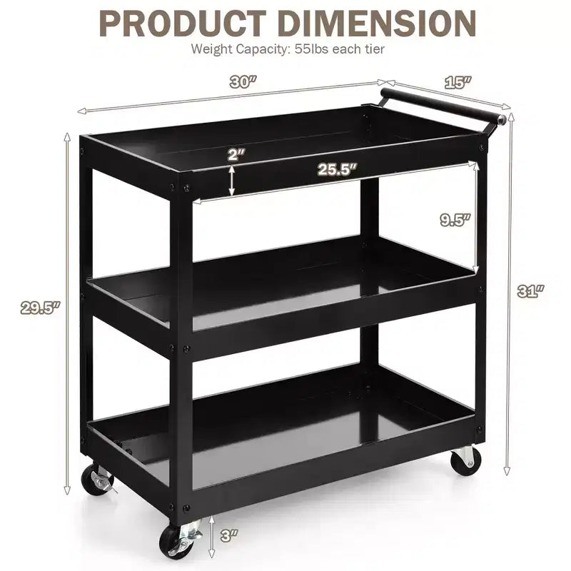 3-Tier Utility Cart Metal Storage Service Trolley 330lbs Capacity