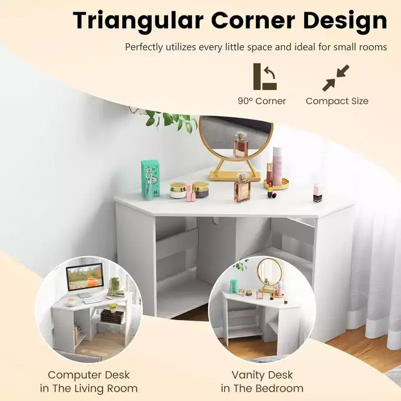 Corner Computer Desk Triangle Writing Workstation w/ Storage Shelf White