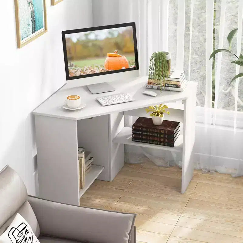Corner Computer Desk Triangle Writing Workstation w/ Storage Shelf White