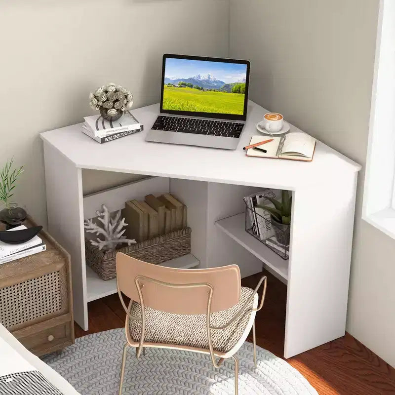 Corner Computer Desk Triangle Writing Workstation w/ Storage Shelf White
