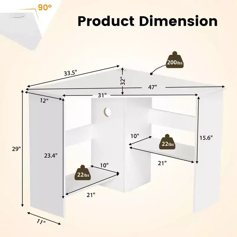 Corner Computer Desk Triangle Writing Workstation w/ Storage Shelf White