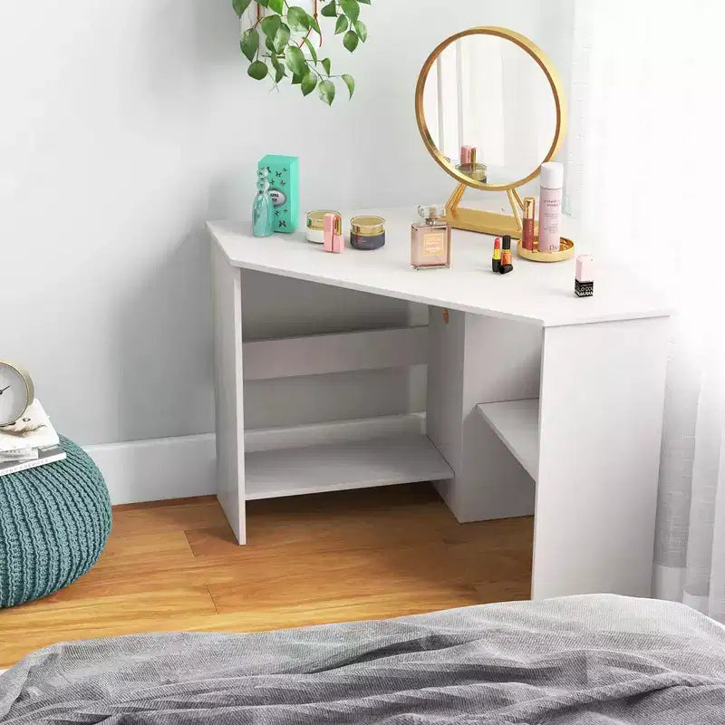 Corner Computer Desk Triangle Writing Workstation w/ Storage Shelf White