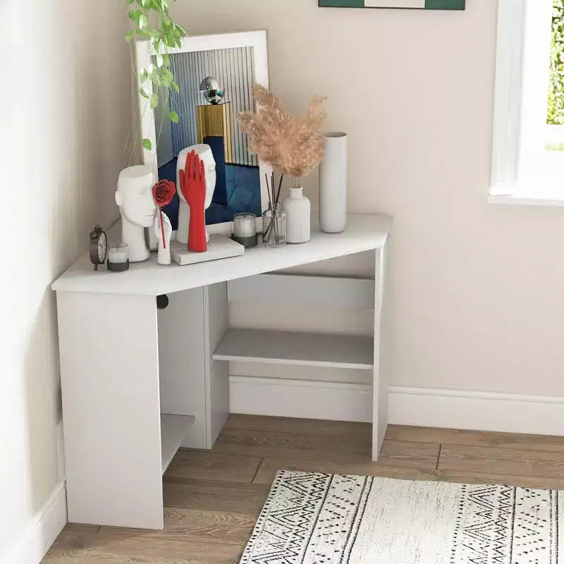 Corner Computer Desk Triangle Writing Workstation w/ Storage Shelf White