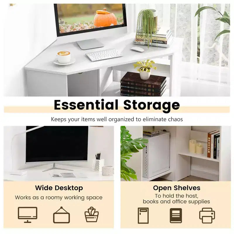 Corner Computer Desk Triangle Writing Workstation w/ Storage Shelf White