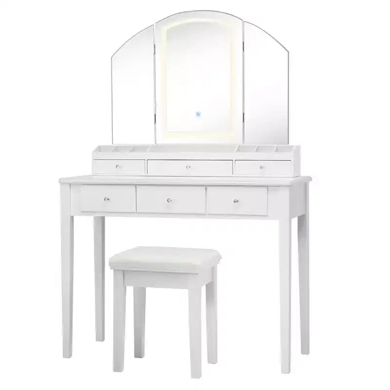 Vanity Table Stool Large Tri-folding Lighted Mirror 6 Drawer Dresser White/Black