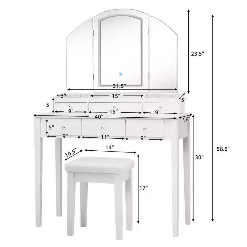 Vanity Table Stool Large Tri-folding Lighted Mirror 6 Drawer Dresser White/Black