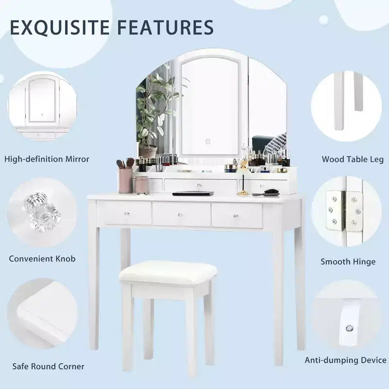 Vanity Table Stool Large Tri-folding Lighted Mirror 6 Drawer Dresser White/Black