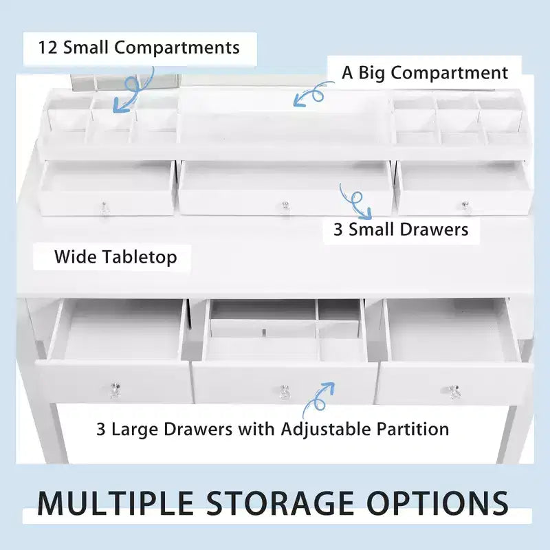Vanity Table Stool Large Tri-folding Lighted Mirror 6 Drawer Dresser White/Black