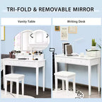 Vanity Table Stool Large Tri-folding Lighted Mirror 6 Drawer Dresser White/Black