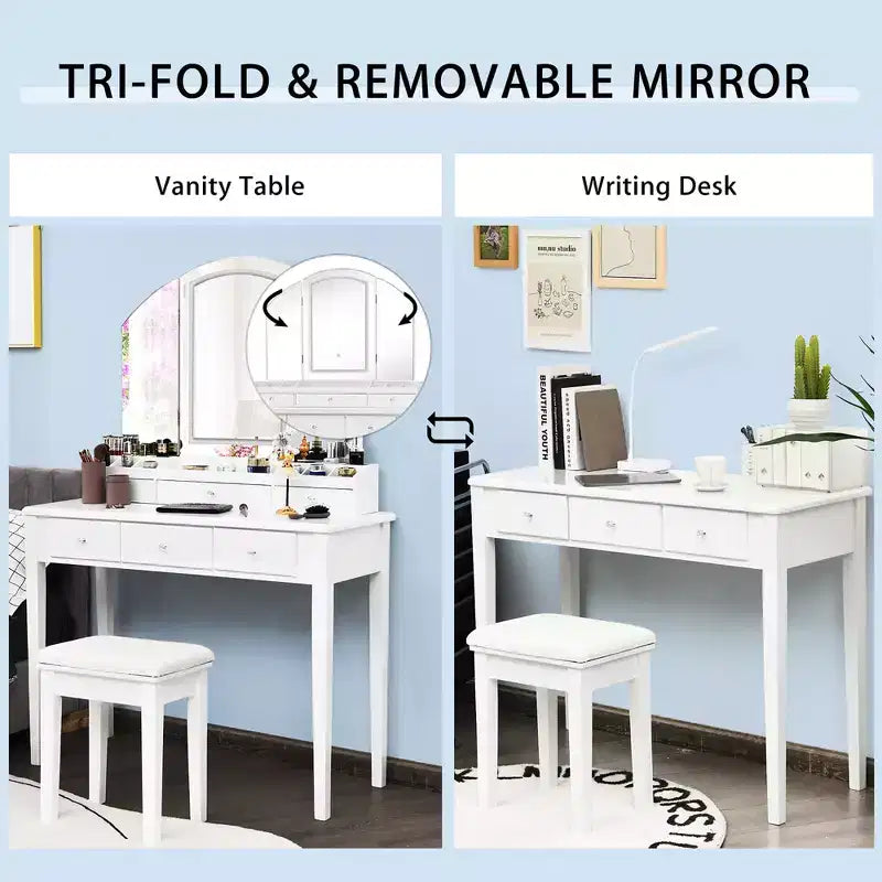 Vanity Table Stool Large Tri-folding Lighted Mirror 6 Drawer Dresser White/Black